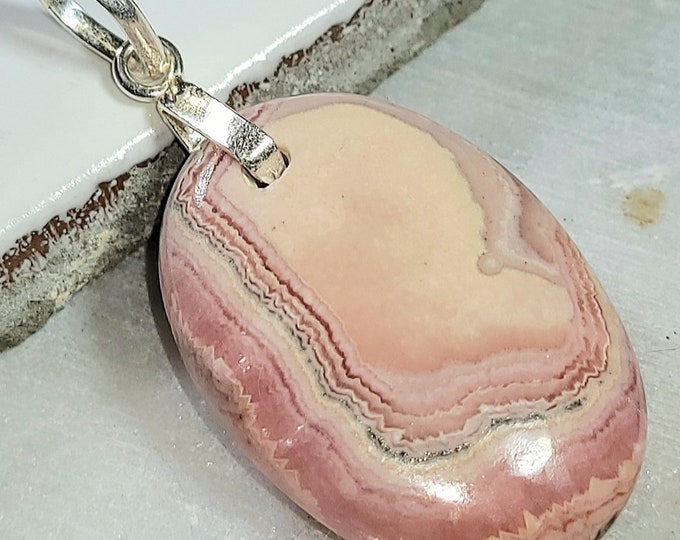 Natural Top Grade Rhodochrosite Oval Cabochon  .925 Sterling Silver Pendant 1 3/4" x 7/8" ED08 Sterling Silver Heavy Duty Bail