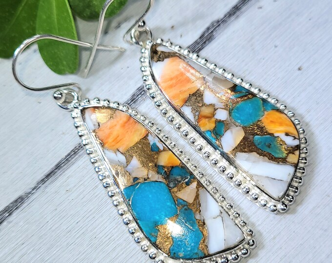 Natural Top Quality Color Spiny Oyster Turquoise Pear .925 Sterling Silver Earrings 10 Grams 1 1/4" x 1/2" BA10 Genuine Stones Gift for Her