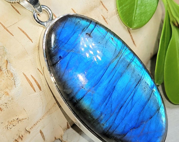 Natural AAA Grade Blue Fire Labradorite .925 Sterling Silver Pendant 2 1/8" x 7/8" 15 Grams EJ01