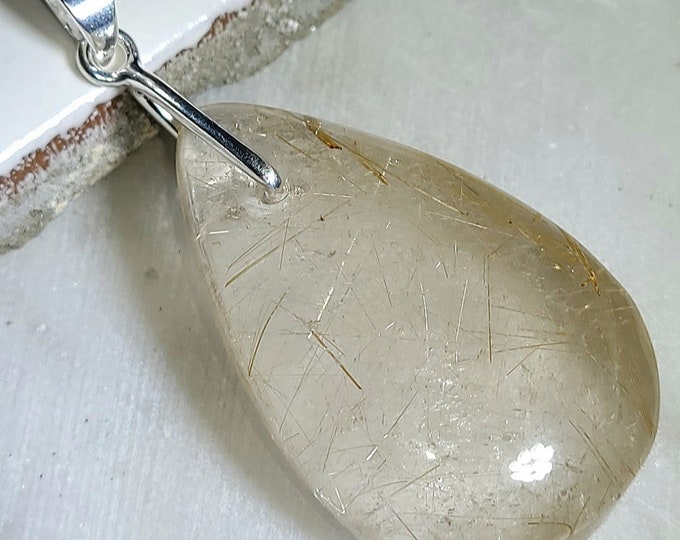 Natural Golden Needle Rutilated Quartz Cabochon .925 Sterling Silver Pendant 2" x 1" EC20 Sterling Silver Heavy Duty Bail