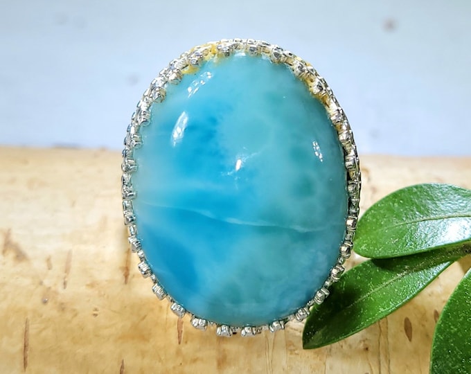Larimar Ring, Dominican Larimar Sterling Silver Ring, Larimar Silver Ring, Premium Larimar Sterling Silver Ring  Size 9.5, FC, Crown Prong