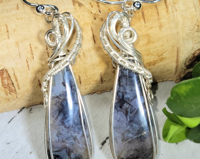 Moss Agate Earrings, Moss Agate Wire Wrapped Earrings, Agate Sterling Silver Wire Wrapped Earrings, Handmade Earrings, Gift for Her, FA18