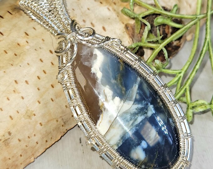 Blue Common Opalized Wood Pendant, Blue Common Opalized Wood Wire Wrapped Sterling Silver Pendant, Hand Wire Wrapped Pendant, HH07