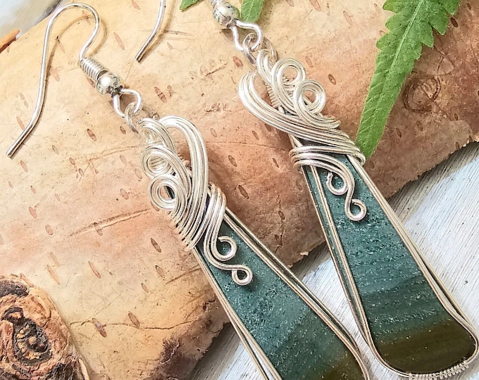 Natural Polychrome Jasper Pear Wire Wrapped .925 Silver Earrings, Sterling Silver Wire Wrapped Earrings, Handmade Stone Jewelry FS18