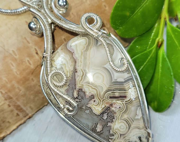 Natural Crazy Lace Agate Pear Wire Wrapped .925 Silver Pendant, Sterling Silver Wire Wrapped Pendants, Handmade Stone Jewelry FD11