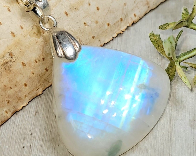 Moonstone Pendant, Rainbow Moonstone Pear Cabochon Sterling Silver Pendant, Multi Color Flash, Gift for Her, Handmade Pendant, GS48