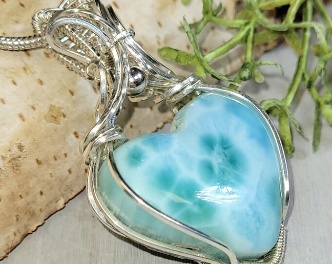 Larimar Pendant, Larimar Hand Wrapped Sterling Silver Pendant, Larimar Heart Sterling Silver Pendant, Statement Pendant, Gift for Her, HC10
