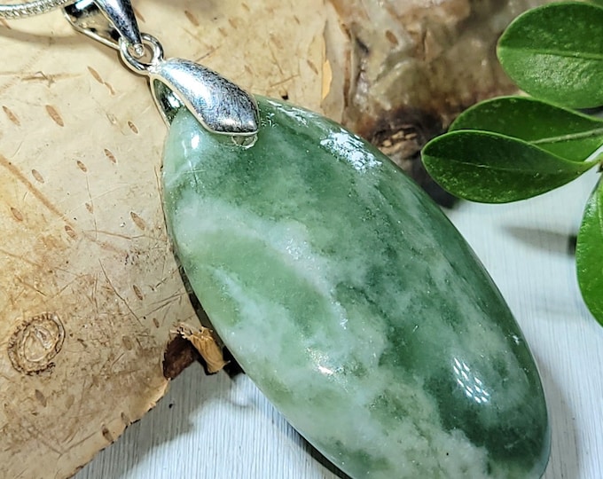 Natural Top Grade Serpentine Oval Cabochon .925 Sterling Silver Pendant 2 1/8" x 7/8" AR12 Sterling Silver Bail