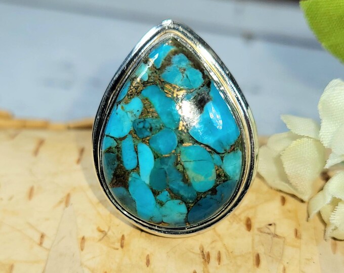 Turquoise Ring, Kingman Turquoise Ring, Turquoise Sterling Silver Size 7, Gift for Her, Boho Ring, Statement Ring, Handmade Ring, DE