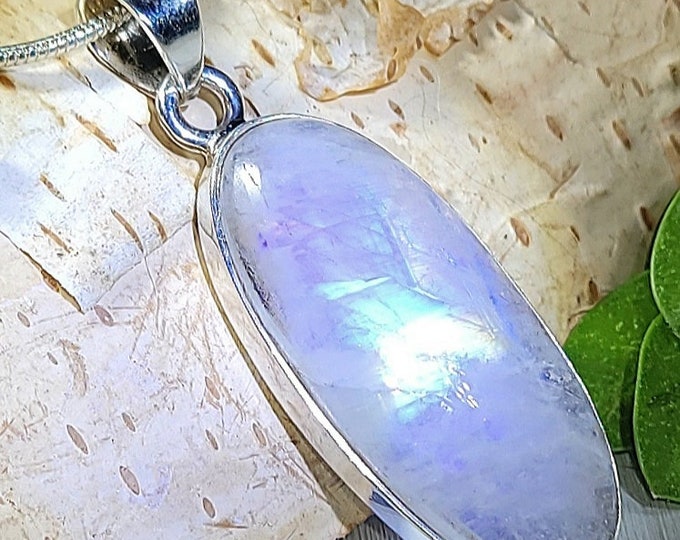 Natural Blue Flash Rainbow Moonstone .925 Sterling Silver Pendant 1 5/8" x 5/8" 6 Grams EX32