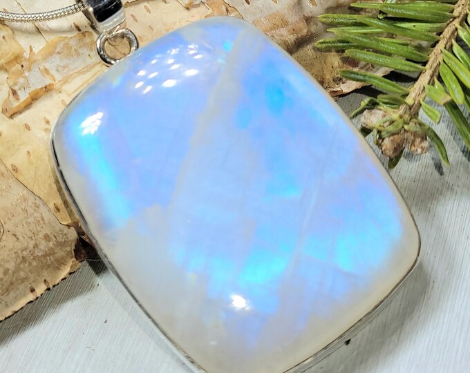 Natural AAAA Grade Blue Full Flash Rainbow Moonstone .925 Sterling Silver Pendant Measures 2 1/4" x 1 3/8" Weighs 28 Grams AL20