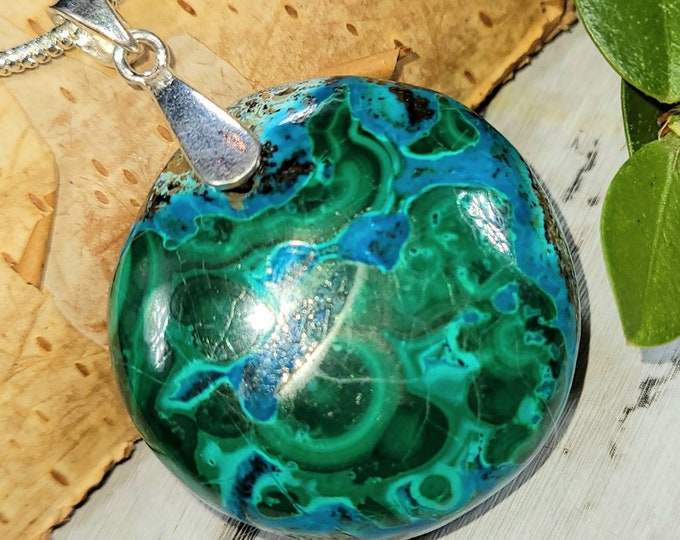 Malachite Chrysocolla Pendant, Malachite Chrysocolla Cabochon Sterling Silver Pendant, Gift for Her, Handmade Pendant, Statement Pendant, DF