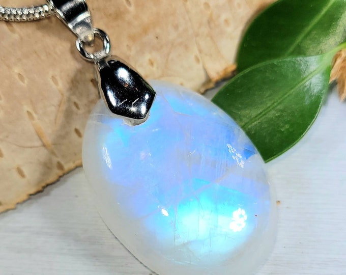 Moonstone Pendant, Rainbow Moonstone Oval Cabochon Sterling Silver Pendant, Full Blue Flash Moonstone, Gift for Her, Handmade Pendant, DN32