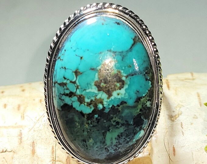 Natural Premium Quality Tibet Turquoise Handmade .925 Sterling Silver Ring Size 6 8 Grams Face 1 1/8" x 3/4" AL08