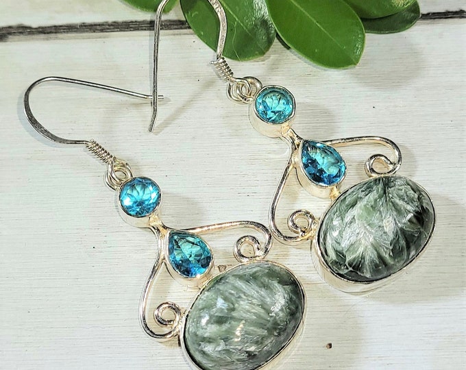 Natural Seraphinite, London Blue Topaz .925 Sterling Silver Dangle Earrings 2" x 7/8" 10 Grams E35