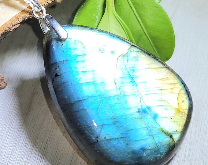 Natural Top Grade Blue Flash Labradorite Pear Cabochon  .925 Sterling Silver Pendant 2" x 1 1/8" LB16