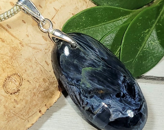 Natural Top Grade Blue Marble Pietersite Oval Cabochon  .925 Sterling Silver Pendant 1 5/8" x 5/8" AS22 Sterling Silver Bail