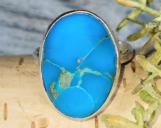 Arizona Turquoise Sterling Silver Ring Size 8.75, Oval Arizona Turquoise Ring; JS