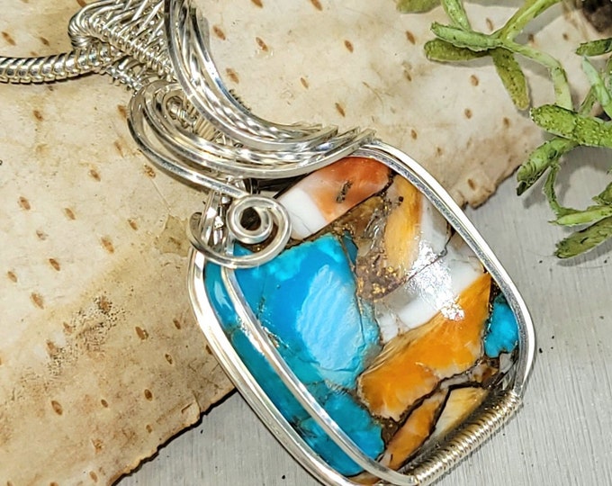 Spiny Oyster Turquoise Sterling Silver Pendant: Handmade Wire Wrapped Jewelry