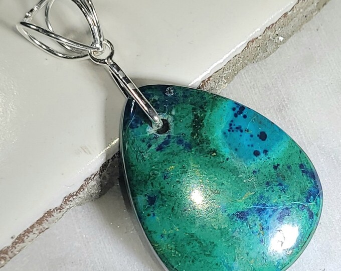 Natural Chrysocolla w/Azurite Pear Cabochon .925 Sterling Silver Pendant 2 1/4" x 1 1/8" EB12 Sterling Silver Heavy Duty Designer Bail