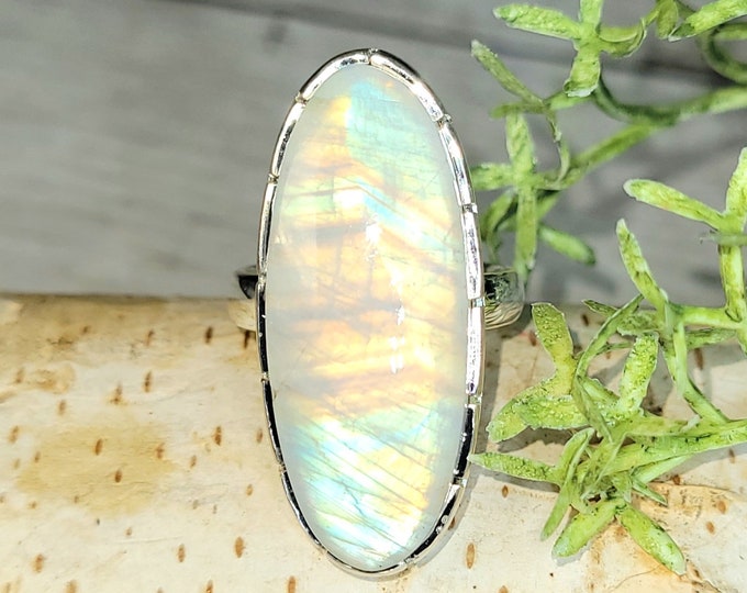 Moonstone Ring, Rainbow Moonstone Sterling Silver Ring, Premium Grade Moonstone Ring, Size 6, Statement Ring, Handmade Ring, GJ