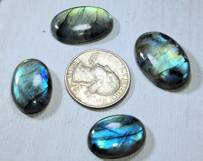Natural Blue & Multi-Flash Labradorite Oval Cabochons 75ct 4 Stone Lot Wire Wrapping, Weaving, Pendant or Ring CB24