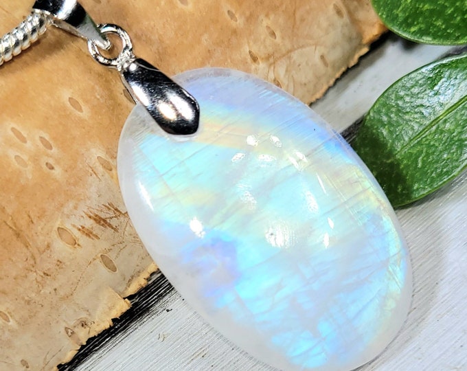 Moonstone Pendant, Rainbow Moonstone Oval Cabochon Sterling Silver Pendant, Full Multi Flash Moonstone, Gift for Her, Handmade Pendant, DR18