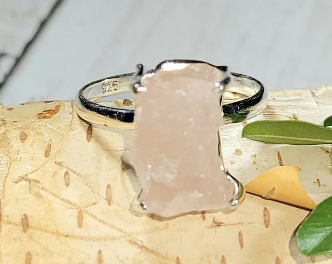 Natural Raw Rough Cut Rose Quartz Handmade .925 Sterling Silver Ring Size 9 4 Grams 5/8" x 7/16" CA08