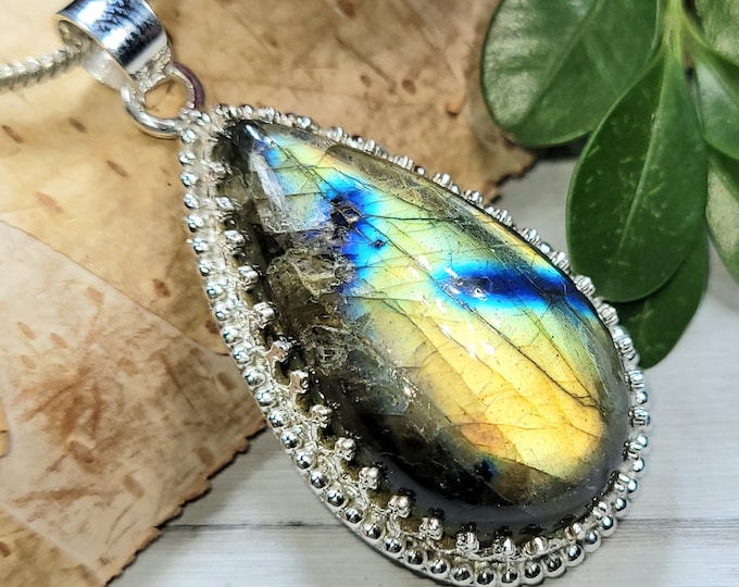 Natural Best Grade Multi Flash Labradorite Handmade Oval .925 Sterling Silver Pendant 2" x 1" 13 Grams CT22 Gift for Her
