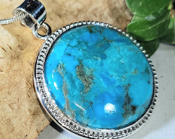 Natural High Grade Arizona Kingman Turquoise Round Handmade .925 Sterling Silver Pendant 1 5/8" x 1 1/4" 13 grams CF31