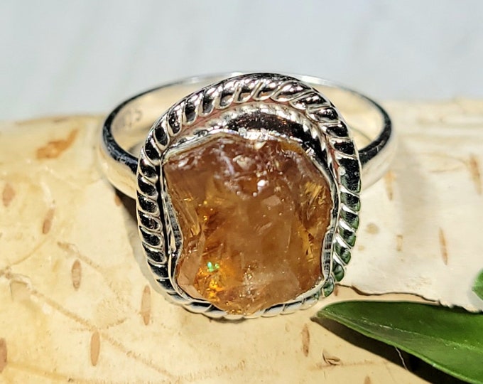 Natural Golden Orange Raw Rough Cut Citrine Handmade .925 Sterling Silver Ring Size 6 4 Grams 5/8" x 1/2" CA23