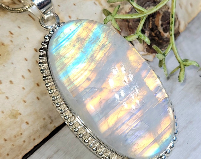 Moonstone Pendant, Rainbow Moonstone Oval Cabochon Sterling Silver Pendant, Multi Color Flash, Gift for Her, Handmade Pendant, GJ24