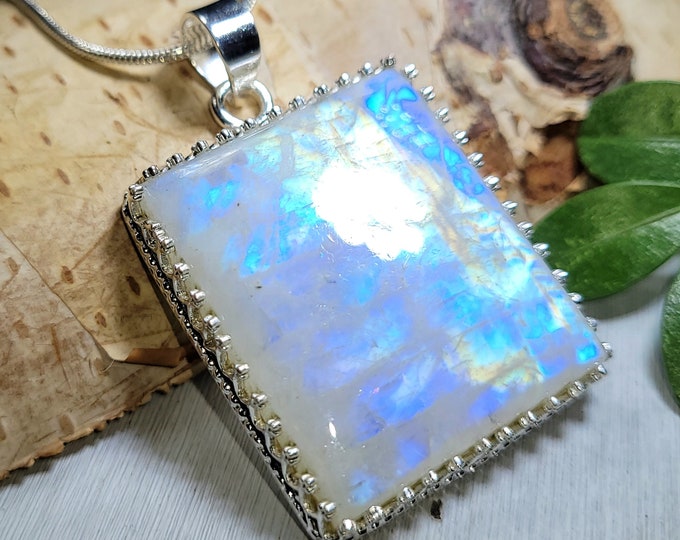 Natural AAA Multi Full Flash Rainbow Moonstone Handmade Rectangle  .925 Crown Setting Sterling Silver Pendant 1 7/8" x 1 1/8" 15 Grams CS12