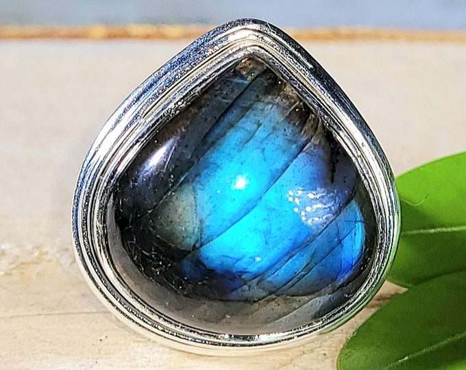 Natural AAA Blue Flash Labradorite .925 Sterling Silver Ring Size 5 7 Grams 7/8" x 13/16" EL05