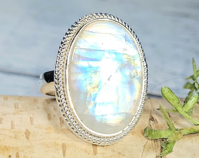 Rainbow Moonstone Ring, Moonstone Ring, Moonstone Sterling Silver Ring, Moonstone Ring Size 7.5, Statement Ring, Boho Ring, JB