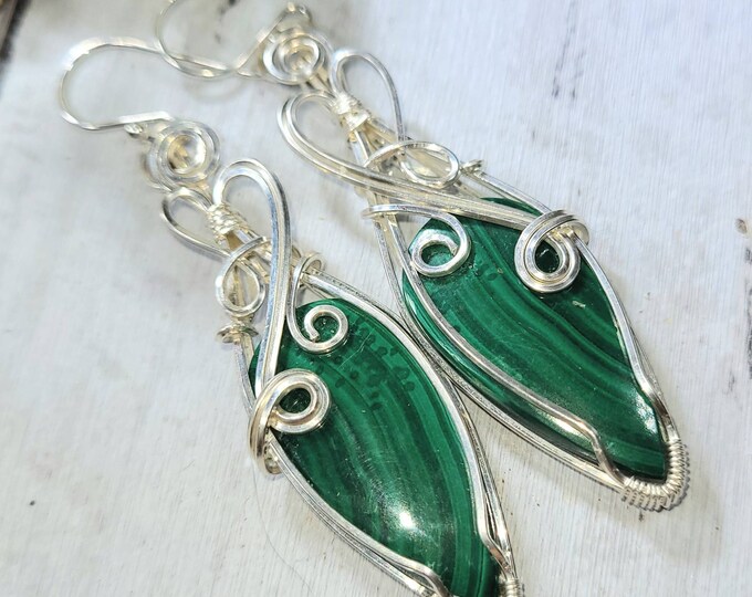 Malachite Earrings, Malachite Wire Wrapped Earrings, Sterling Silver Wire Wrapped Earrings, Malachite Wire Wrap Earrings DG33