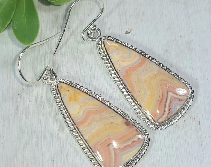 Natural Premium Grade Yellow Lace Agate Pear Handmade .925 Sterling Silver Earrings 10 Grams 1 7/8" x 5/8" CM01 Gift for Her