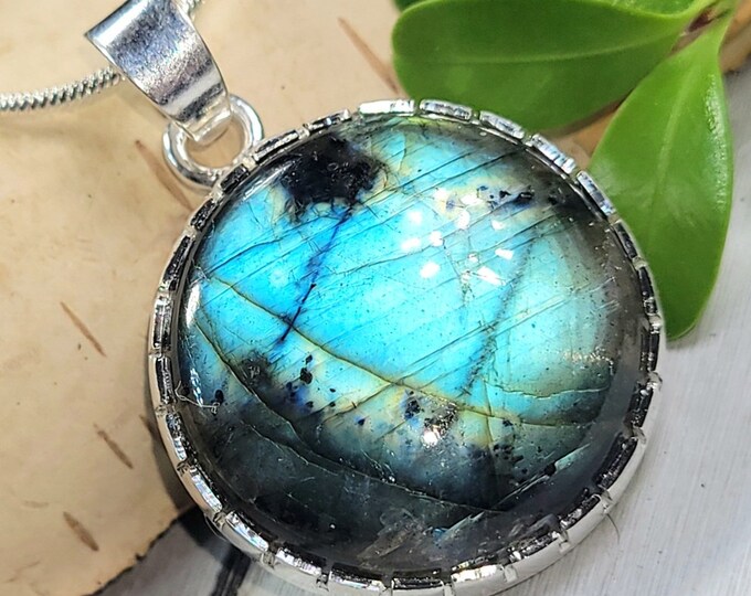 Natural High Grade Blue Labradorite Round Handmade .925 Sterling Silver Pendant 1 1/2" x 1" 10 Grams CN18 Gift for Her Genuine Stone
