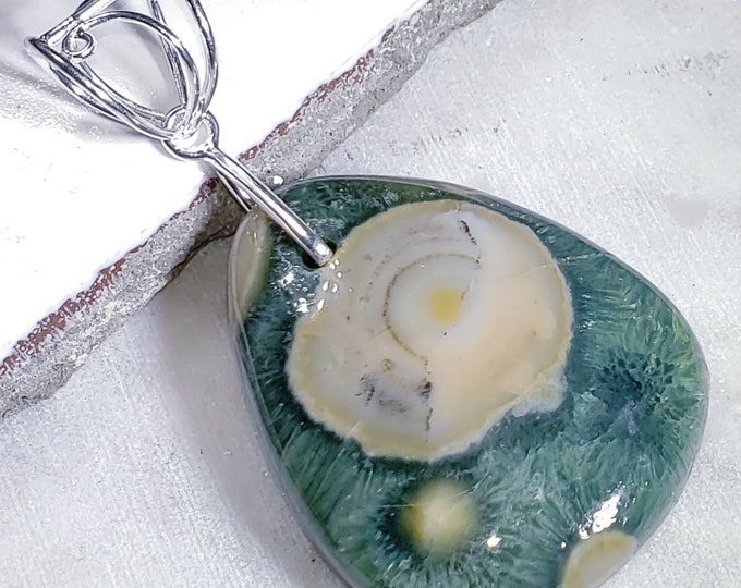 Natural High Grade Ocean Jasper Pear Cabochon .925 Sterling Silver Pendant 2 1/4" x 1 1/4" EB17 Sterling Silver Designer Bail