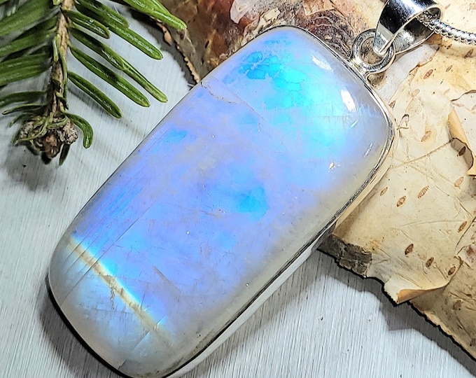 Natural AAA Grade Full Blue Flash Rainbow Moonstone Handmade .925 Sterling Silver Pendant Measures 2 7/16" x 1" Weighs 26 Grams AK26