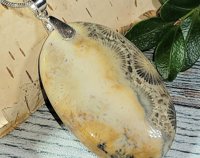 Natural AAA Fossil Coral Oval Cabochon .925 Sterling Silver Pendant 60ct 14 Grams 2 1/4" x 1 1/8" EA34 Heavy Duty Sterling Silver Bail