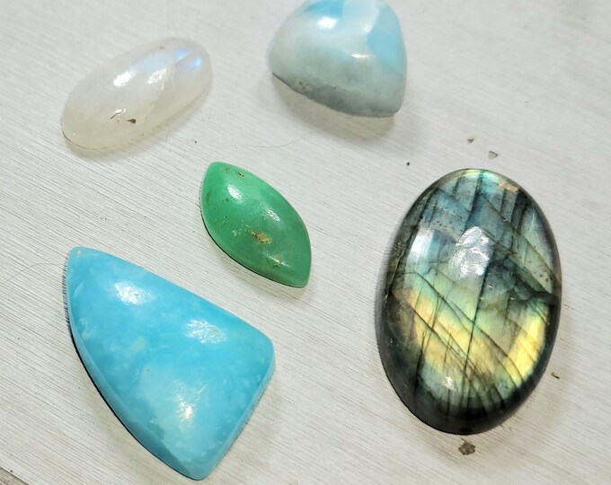 Natural Labradorite, Chrysoprase, Moonstone, Hemimorphite & Larimar 85ct Cabochons Mixed Lot 5 Stone Wire Wrap, Weaving AS19