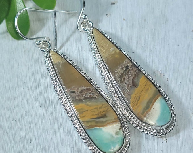Blue Opal Earrings, Petrified Wood Earrings, .925 Sterling Silver Blue Opalized Petrified Earrings, Sterling Silver Blue Opal earrings