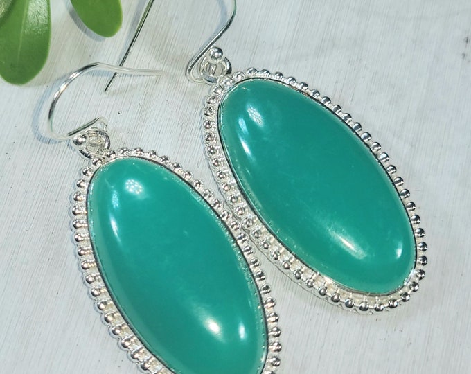 Natural Premium Grade Australian Chrysoprase Oval Handmade .925 Sterling Silver Earrings 12 Grams 2" x 3/4" CM06 Gift for Her