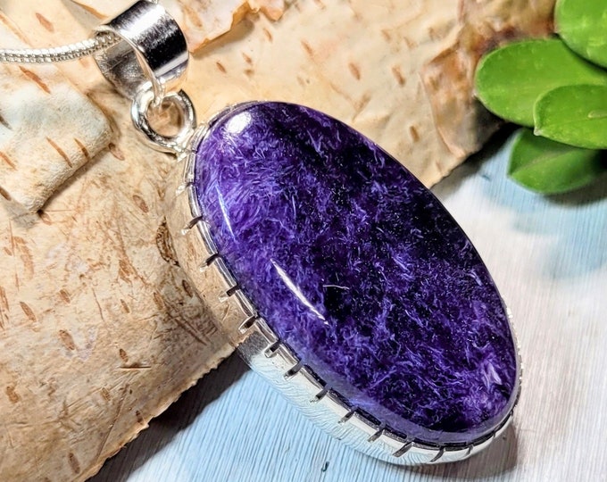 Natural AAA Grade Russian Charoite Handmade .925 Sterling Silver Pendant 1 3/4" x 3/4" 9 Grams AC20