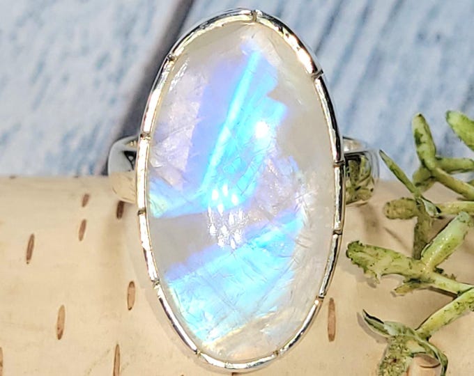 Rainbow Moonstone Ring, Moonstone Ring, Sterling Silver Moonstone Ring, Moonstone Ring Size 8.5, Statement Ring, Boho Ring, JC