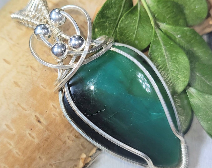 Natural Blue Opalized/Petrified Wood Wire Wrapped .925 Silver Pendant, Sterling Silver Wire Wrapped pendants, Handmade Stone Jewelry DU07