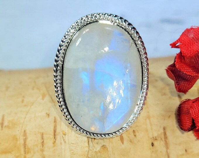 Rainbow Moonstone Ring, Moonstone Ring, Rainbow Moonstone Sterling Silver Ring Size 9.5, Statement Ring, Handmade Ring, Boho Ring DJ