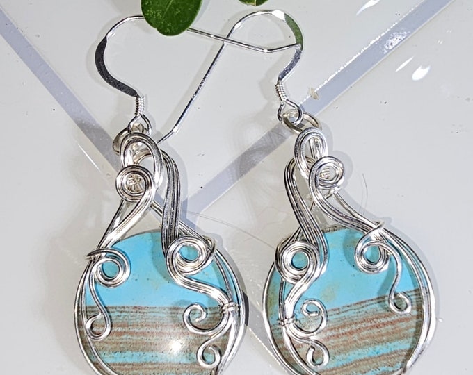 Blue Opalized Earrings, Opalized Sterling Silver Wire Wrapped Earrings, Petrified Wood Earrings, Hand Wrapped Earrings, Gift for Her GD16
