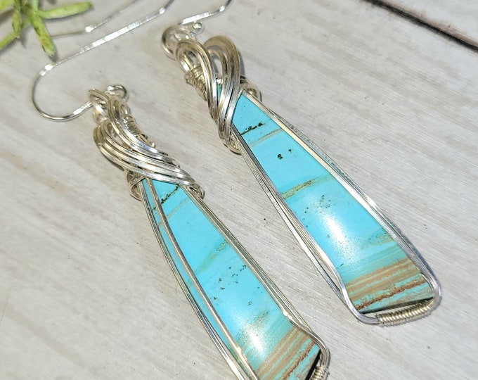 Blue Opal Earrings, Petrified Wood Earrings, Blue Opalized Sterling Silver Wire Wrapped Earrings , Handmade Earrings GE31, Gift for Her